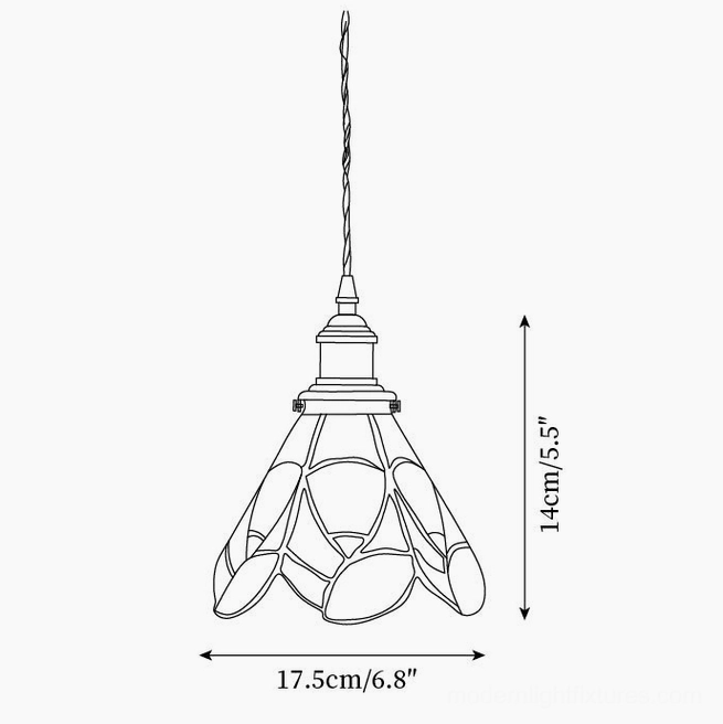 Pendant lamp technical line drawing showing Model A dimensions 14cm height 17.5cm diameter with petal shade outline