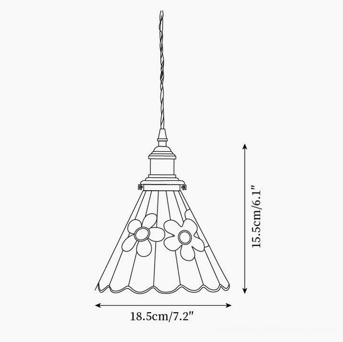Pendant lamp design sketch showing Model B dimensions 15.5cm height 18.5cm diameter with floral pattern shade outline