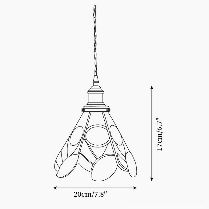 Stained glass pendant shade technical line drawing showing Model C dimensions 17cm height 20cm diameter geometric panel design