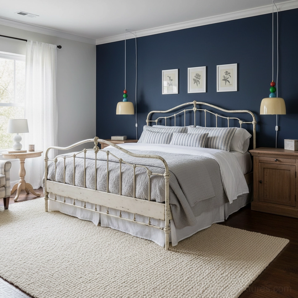 Pendant light fixture in bedroom with navy accent wall, white metal frame bed, and minimalist decor