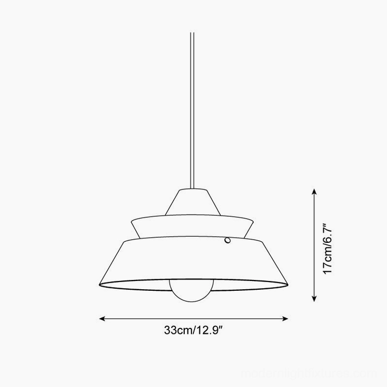 Technical line drawing of tiered wood pendant light front elevation, 33cm diameter x 17cm height specifications