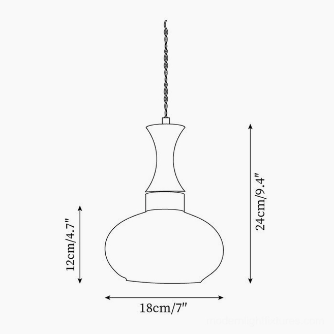 Chara pendant light technical design sketch with orthographic dimensions and silhouette