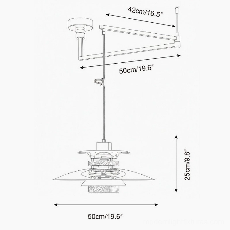 Pendant lamp orthographic technical specification drawing with measurements