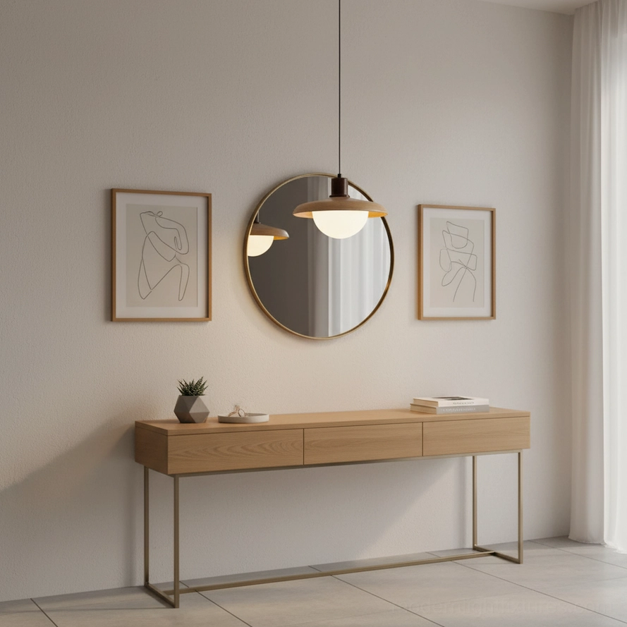 Walnut color pendant lamp in Scandinavian interior with light wood accents