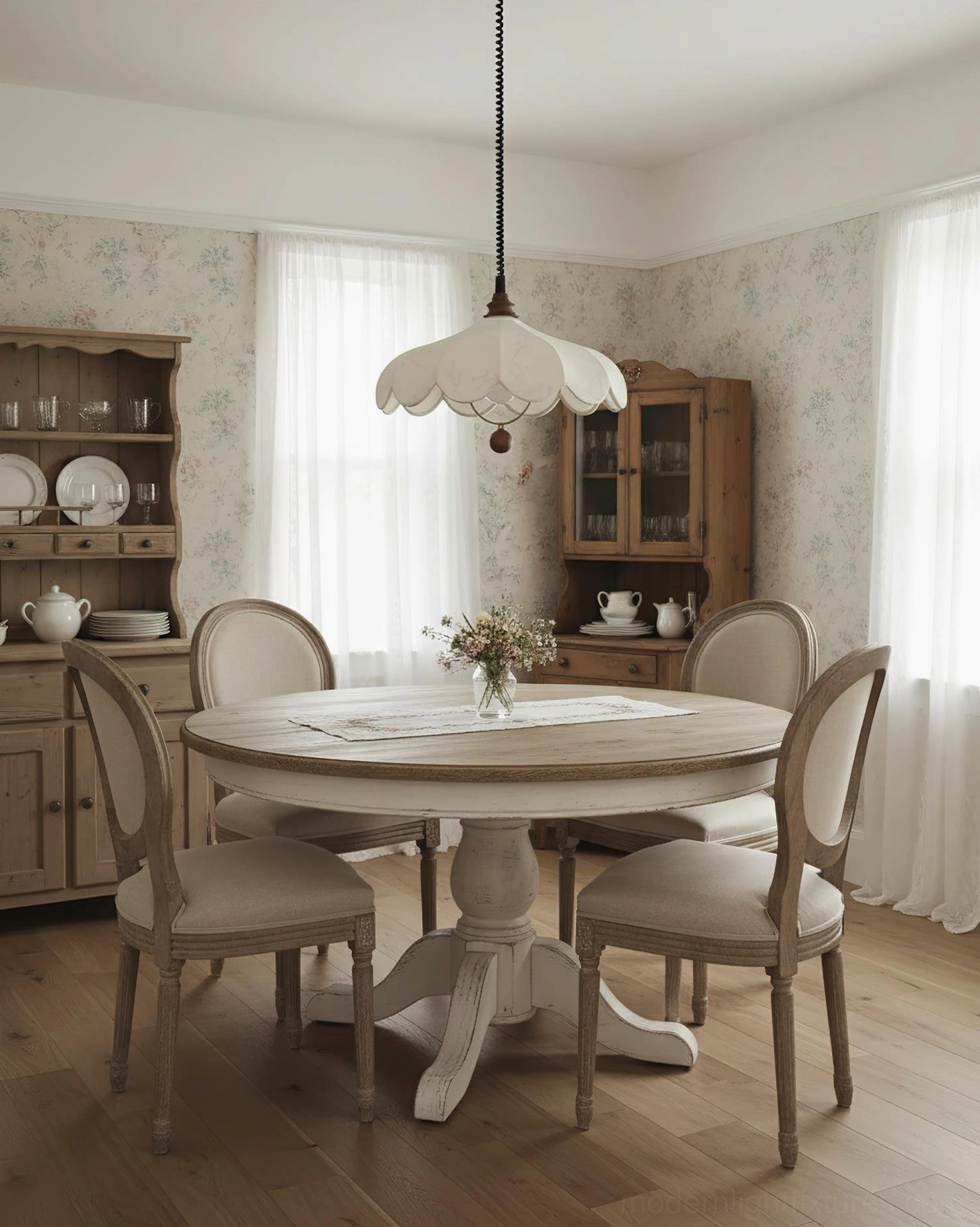 Modern pendant light fixture showing wood and metal accents with suspension cable