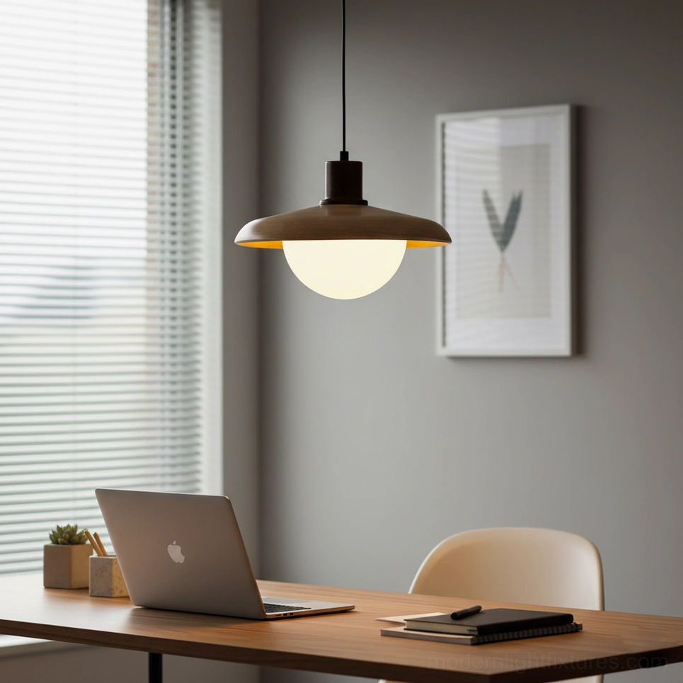 Wood-tone pendant shade with warm LED bulb creating soft ambient glow