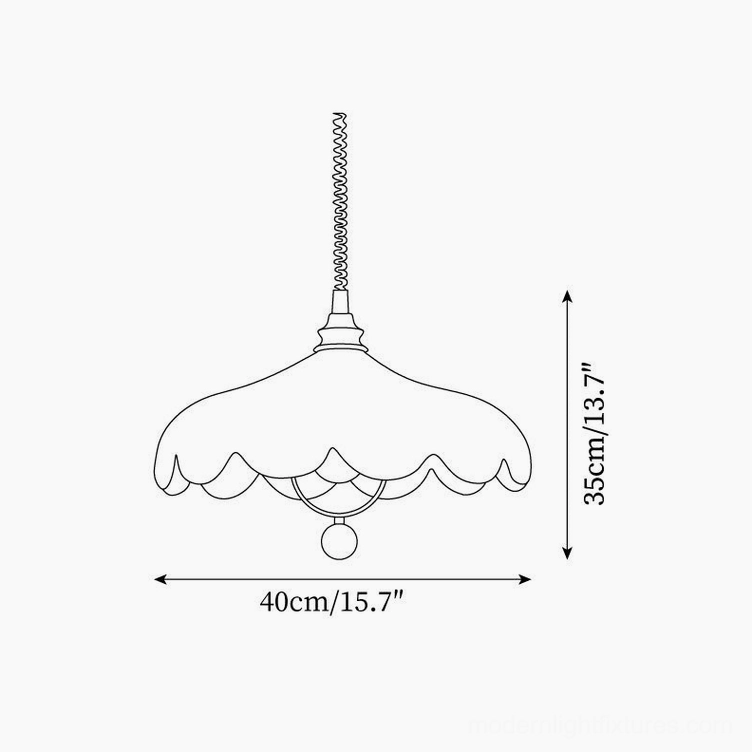 Technical schematic diagram of 40cm diameter scalloped pendant light with specifications