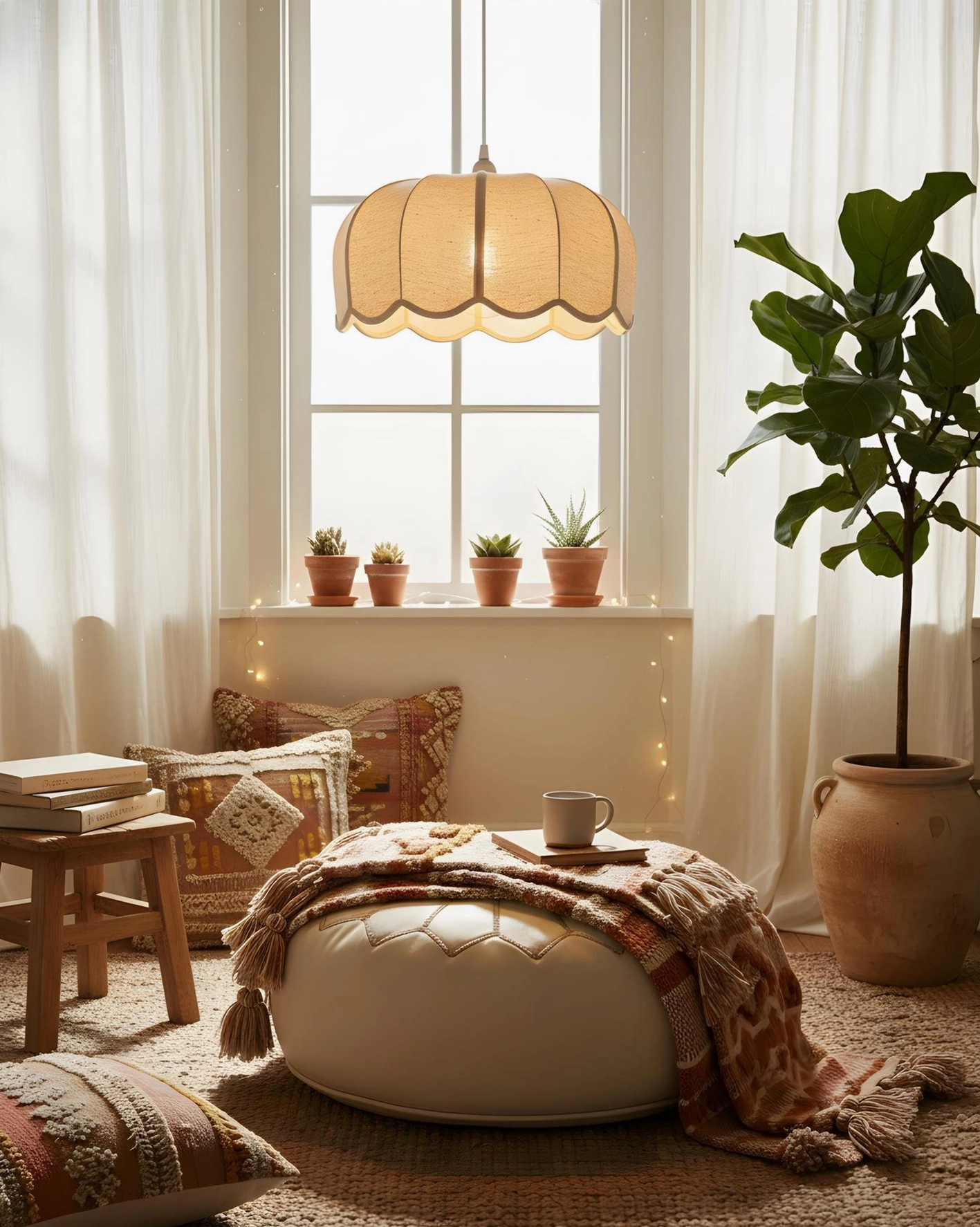 Warm fabric pendant lamp by bay window creating neutral bohemian aesthetic in sunlit room