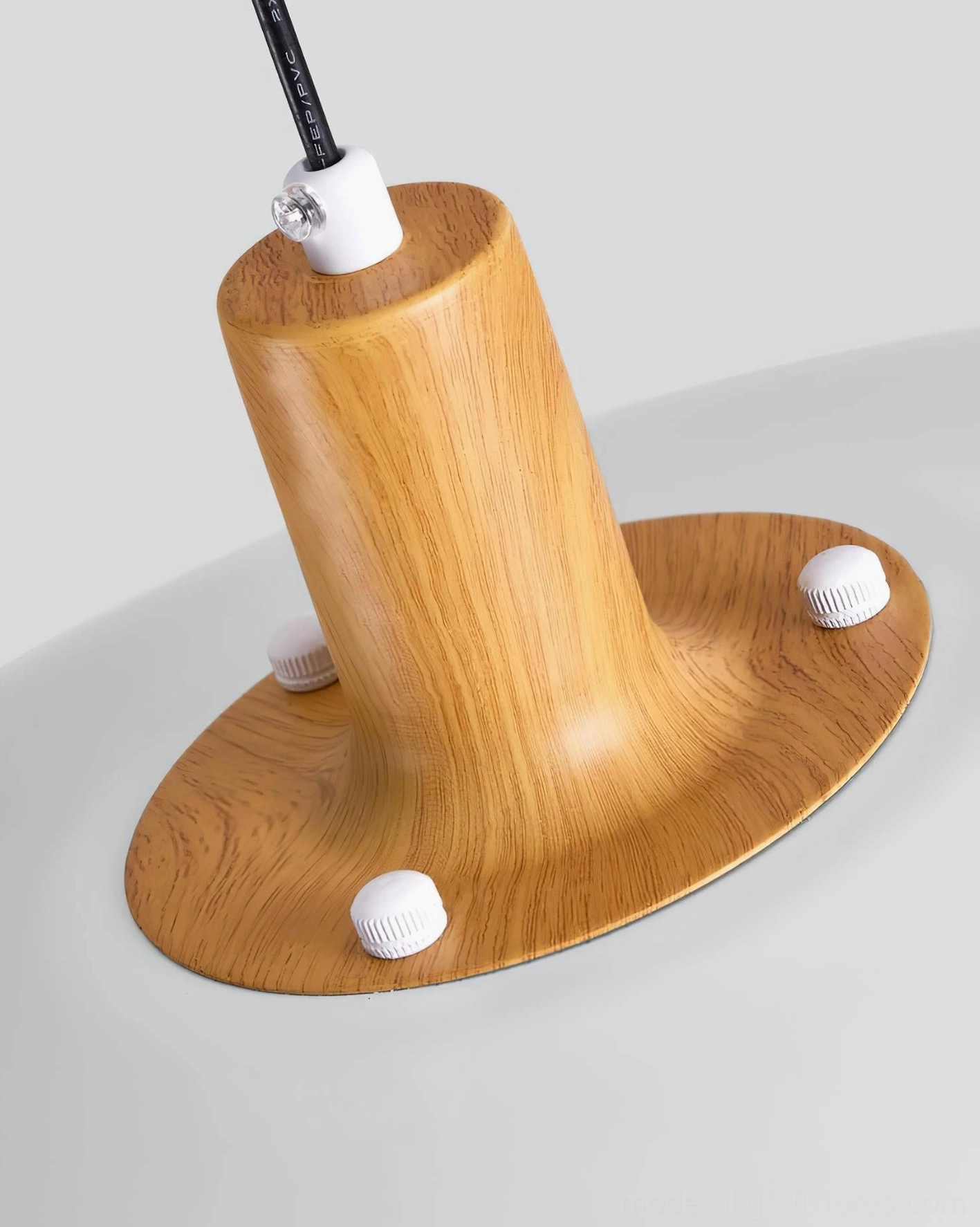 Stratalite pendant light ceiling mount closeup showing wood grain finish and metal hanging fixtures bracket