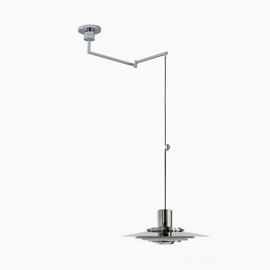 Swing arm pendant light chrome variant, contemporary sculptural design with adjustable positioning for dining or workspace