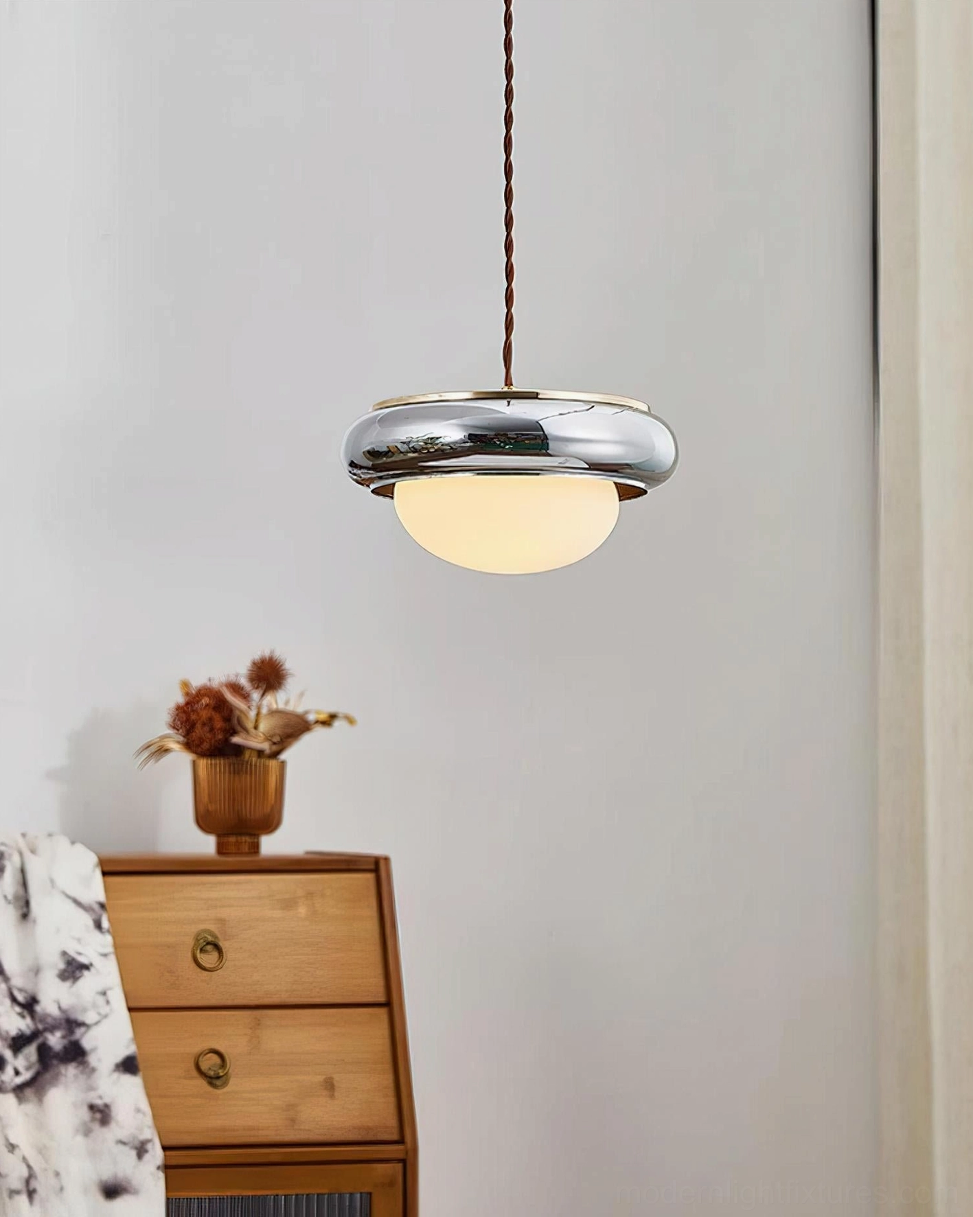 Contemporary pendant light polished chrome metal ring frosted glass dried flower modern room