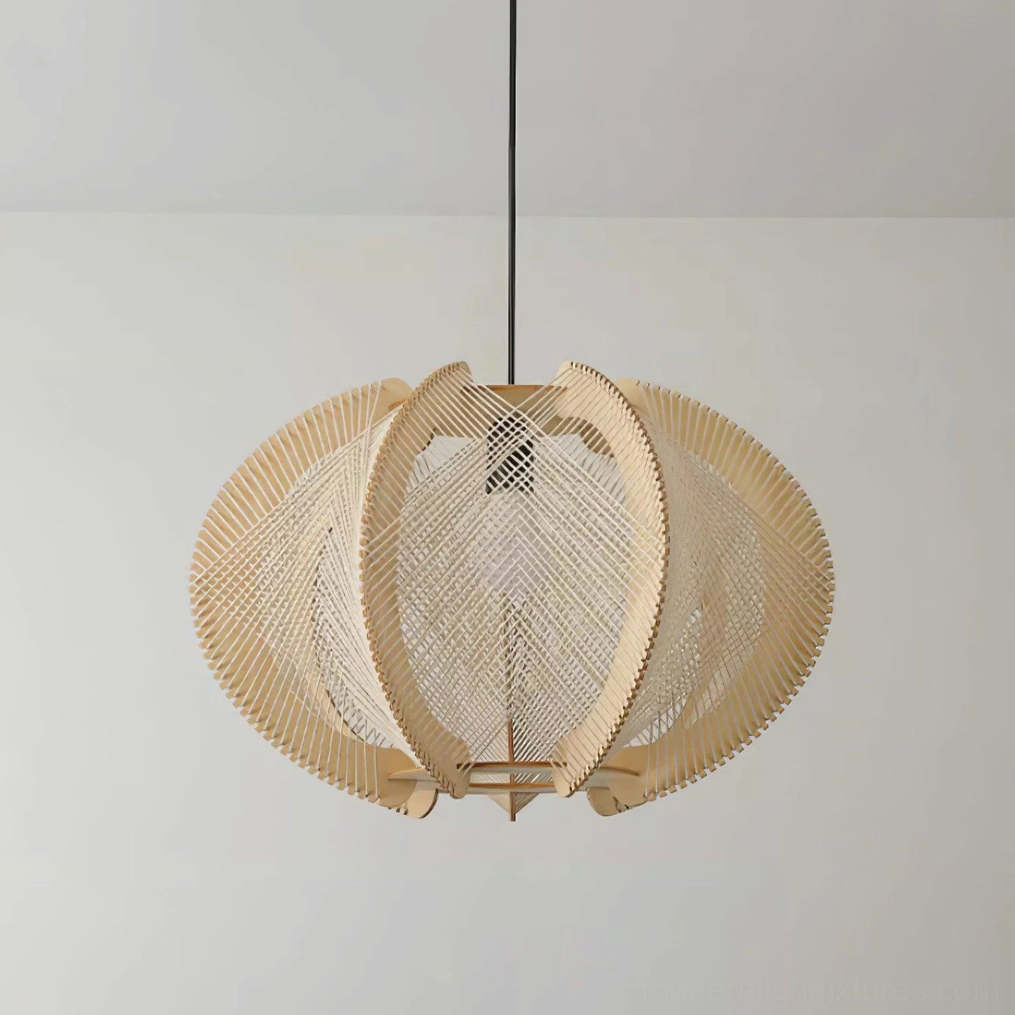 Woven wood pendant light close-up showing wood frame and fabric panel construction