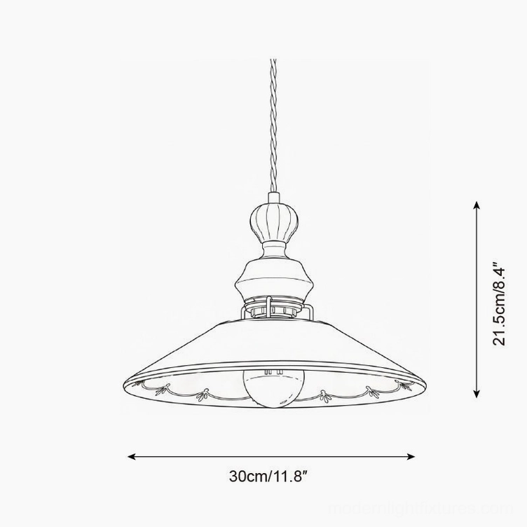 Technical specifications drawing of ceramic pendant light Model B, diameter 30cm (11.8 inches), showing design proportions
