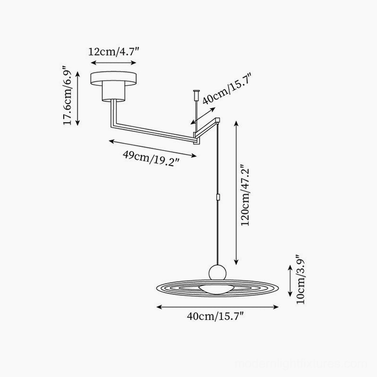 Swing arm pendant light technical dimension diagram showing 40cm diameter and 10cm height specifications