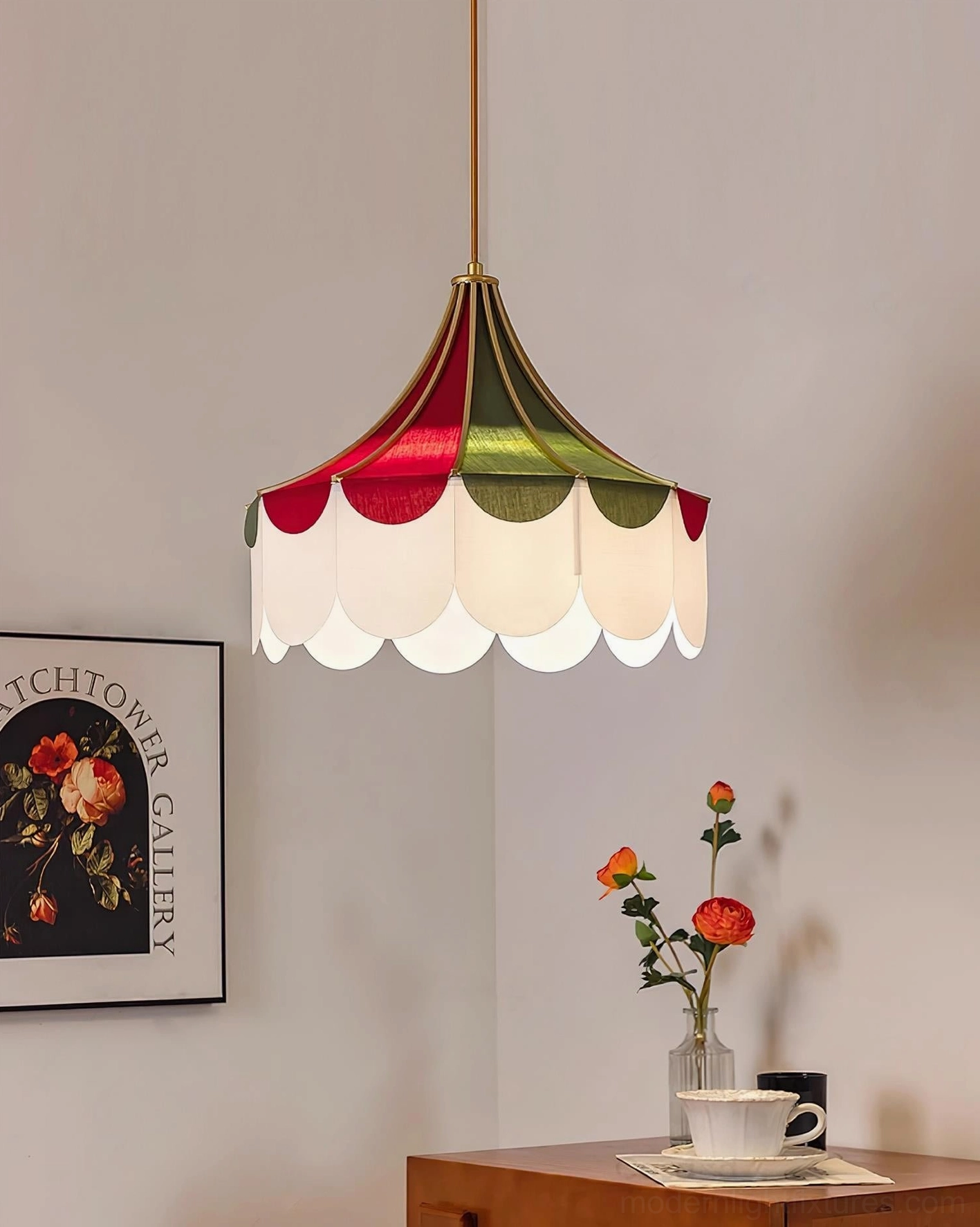 Illuminated circus fabric pendant lamp in interior dining corner with warm lighting and textured fabric shade