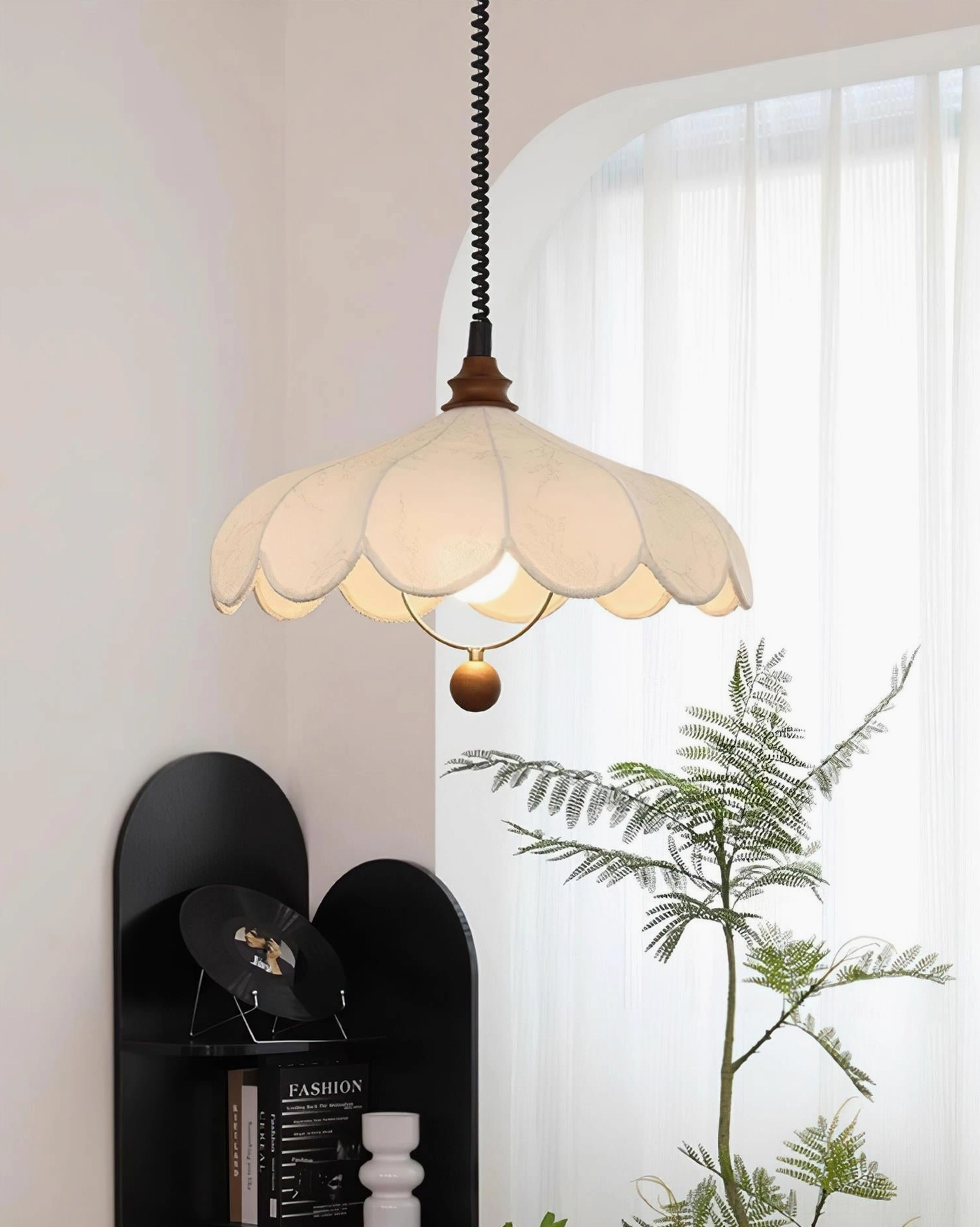 Lilea Petals scalloped pendant light installed in entry foyer as statement lighting fixture