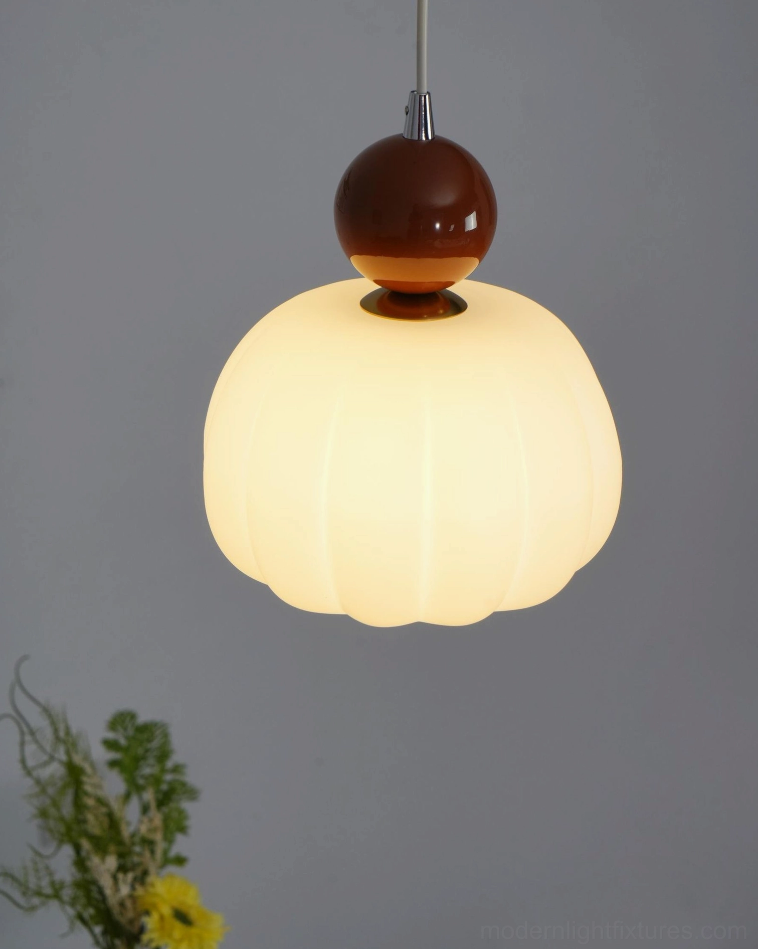 Contemporary Morris pendant light showing five finish options - white beige brown chrome green palette