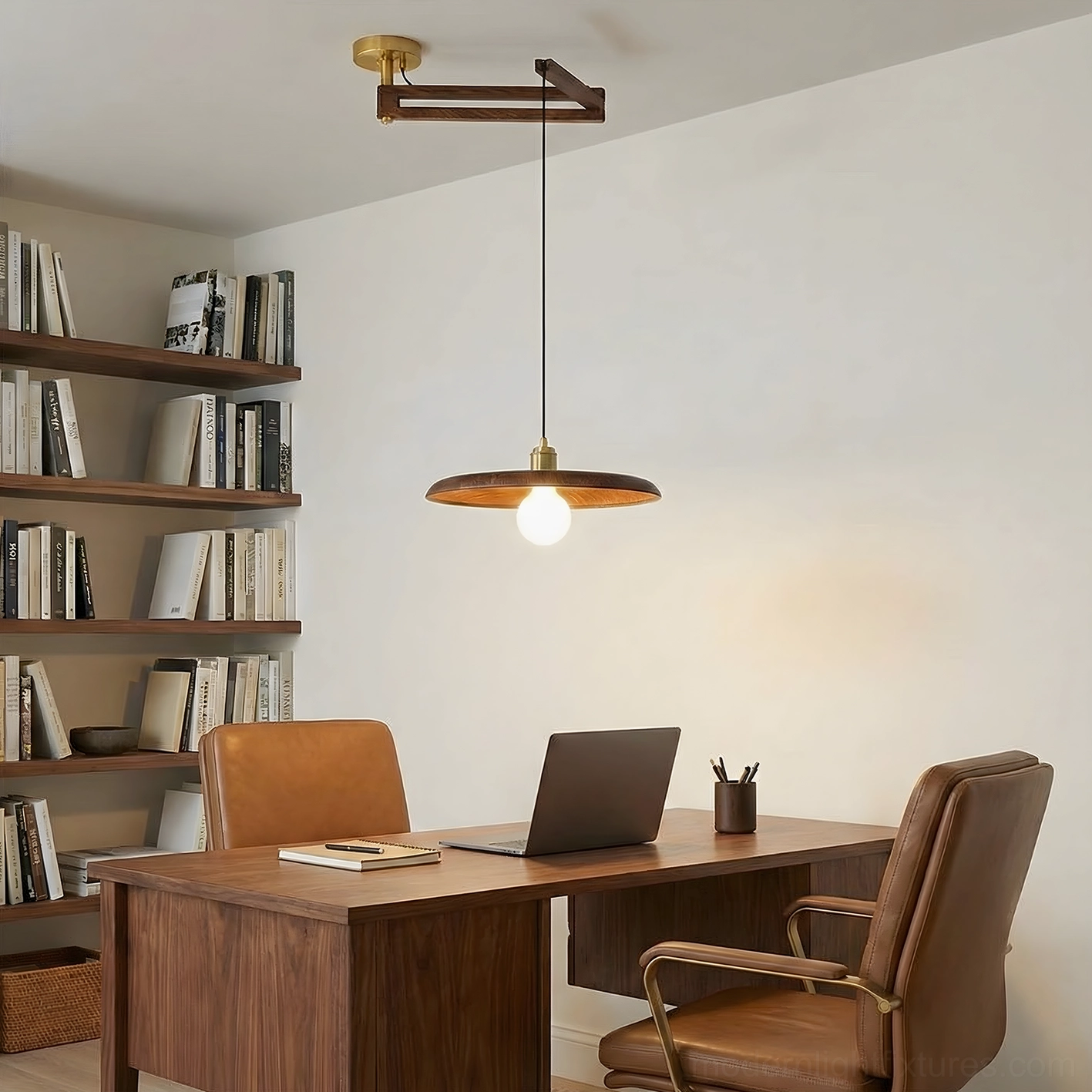 Home office study with Carlyle wood pendant lamp and bookshelf