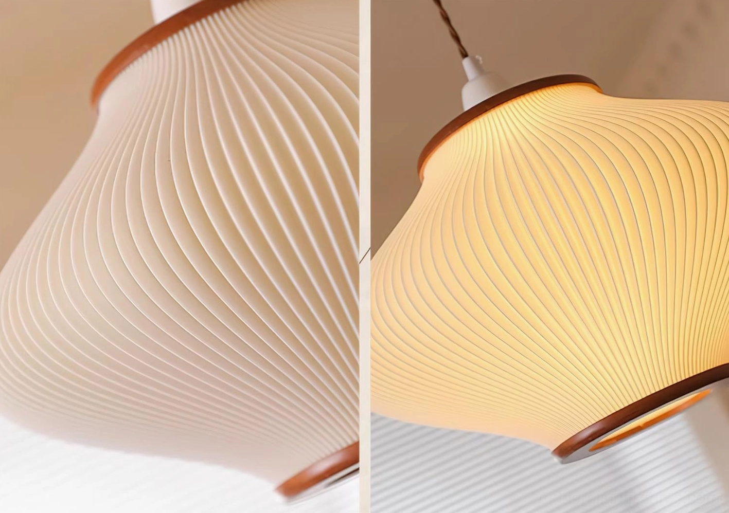 Biconical ribbed acrylic pendant light illuminated from below, demonstrating soft diffused light distribution