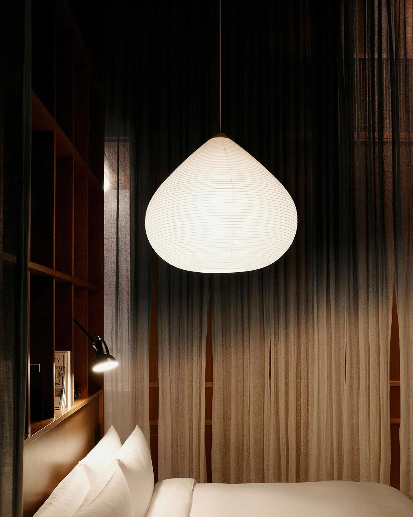 Chestnut washi paper pendant lamp installation showing hanging cord and fixture detail