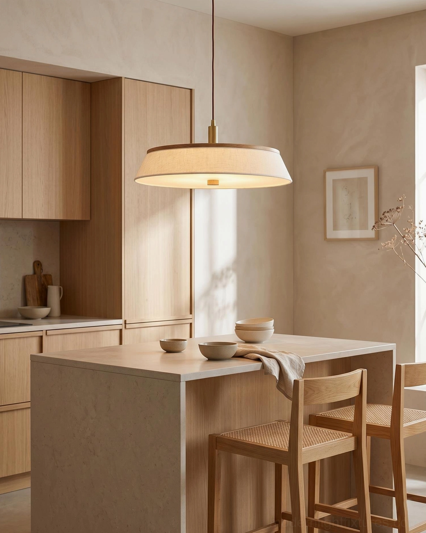 Walnette pendant light fixture installed over kitchen island with bar stools, Scandinavian minimalist kitchen design