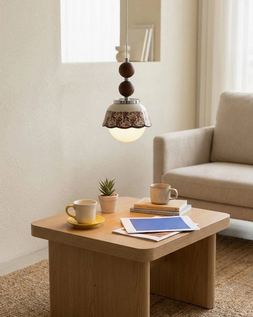 Bellora pendant light suspended above low wooden coffee table in warm minimalist home living room with sofa, soft nostalgic ambiance