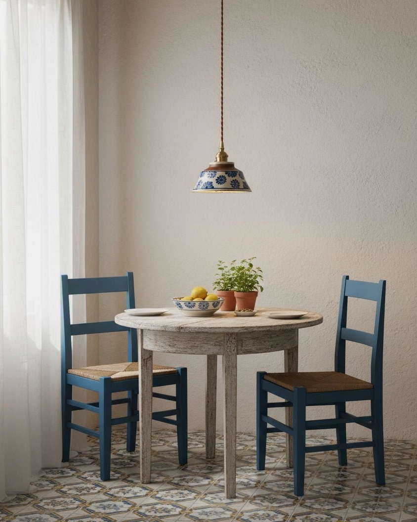 Minimalist dining space with hand-painted ceramic pendant light as accent fixture over small table
