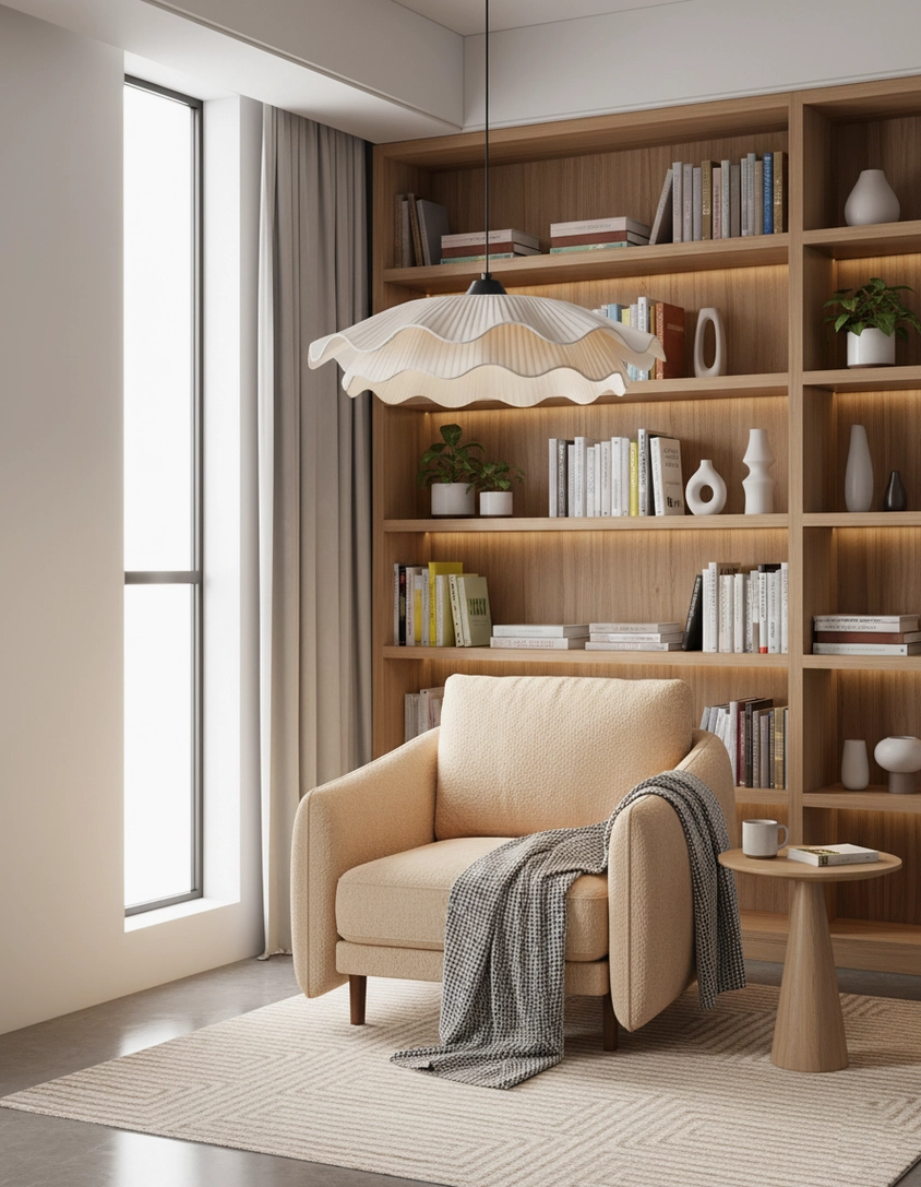 Sculptural wavy pendant light illuminating modern home reading lounge with armchair and bookshelf
