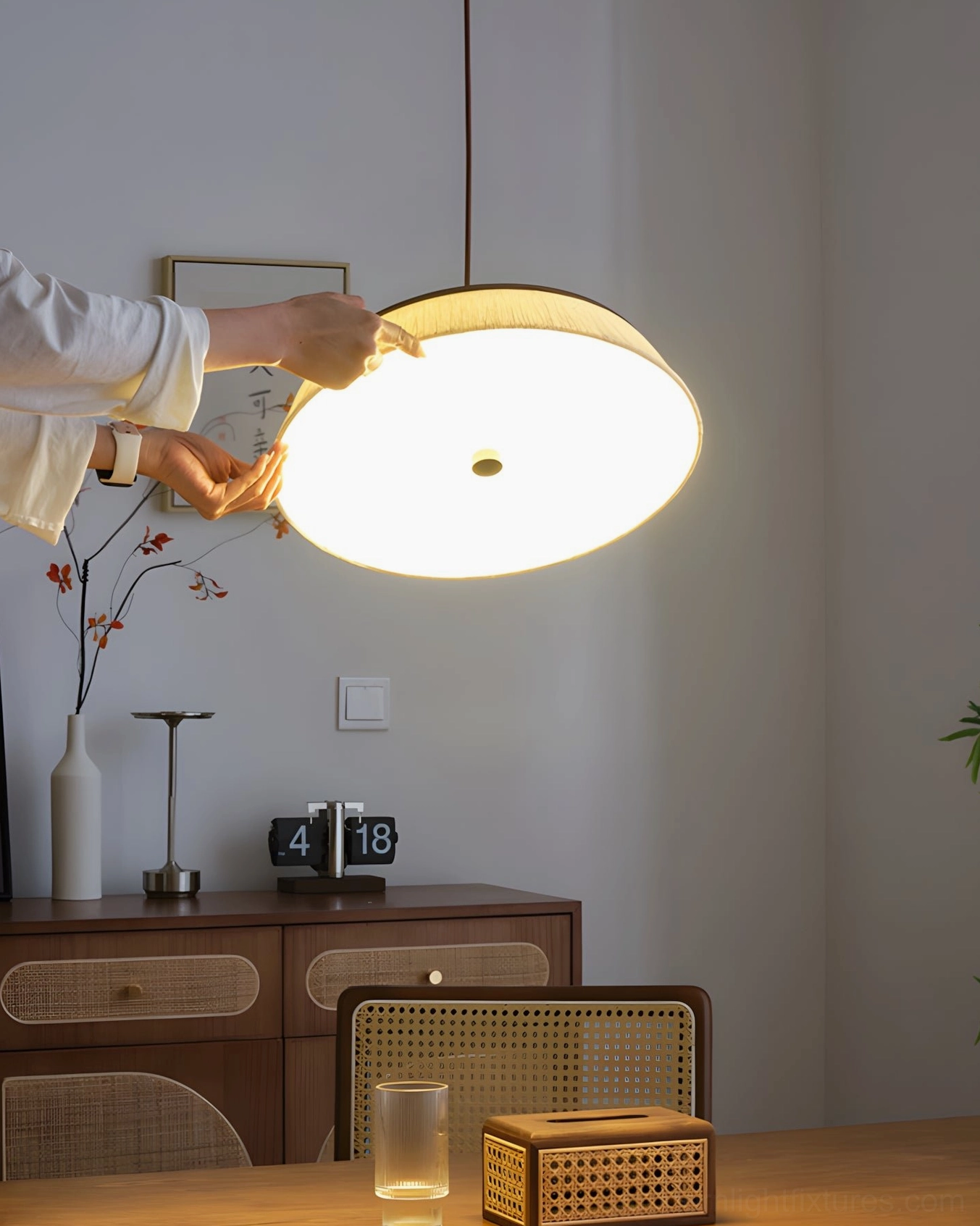 Walnette pendant light with natural oak wood finish and white washi paper shade in minimalist interior