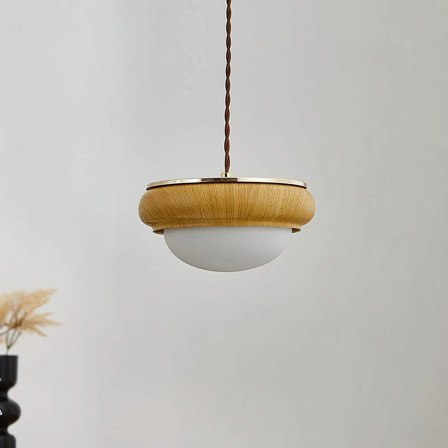 Contemporary hanging light with light oak wood texture ring and off-white frosted glass sphere