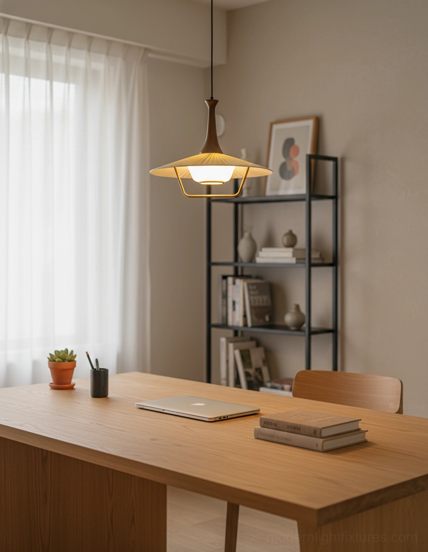 Walnut wood modern pendant light with accordion pleated fabric shade close-up detail view