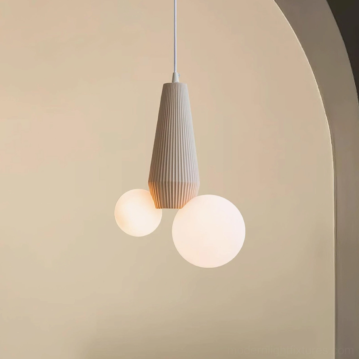Contemporary dual glass globe pendant fixture - close-up of ribbed metal construction and finish