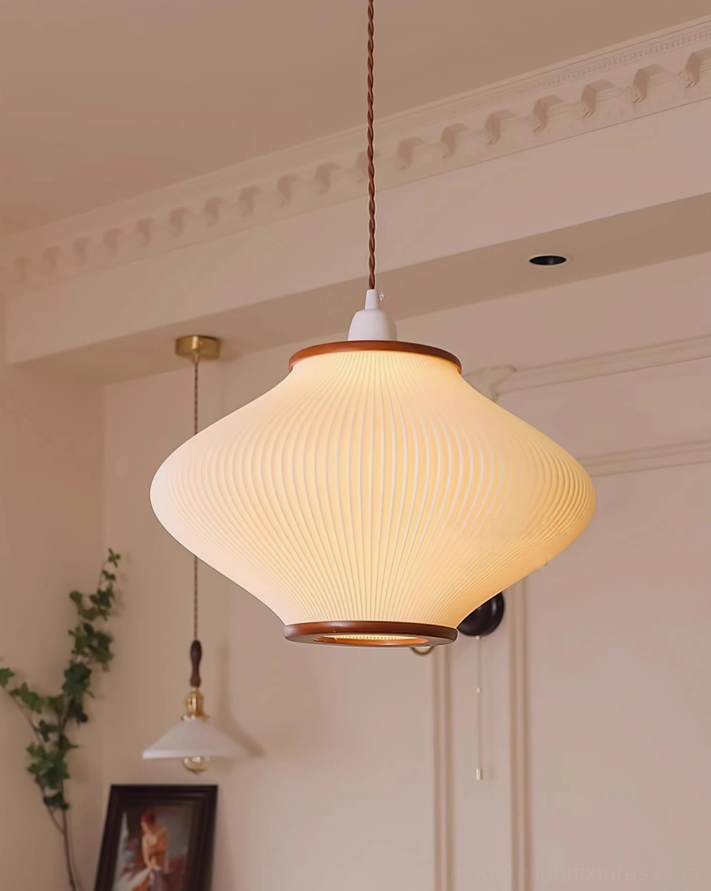 Walnut and acrylic ribbed pendant light showing close-up detail of vertical ribbing texture and wood craftsmanship
