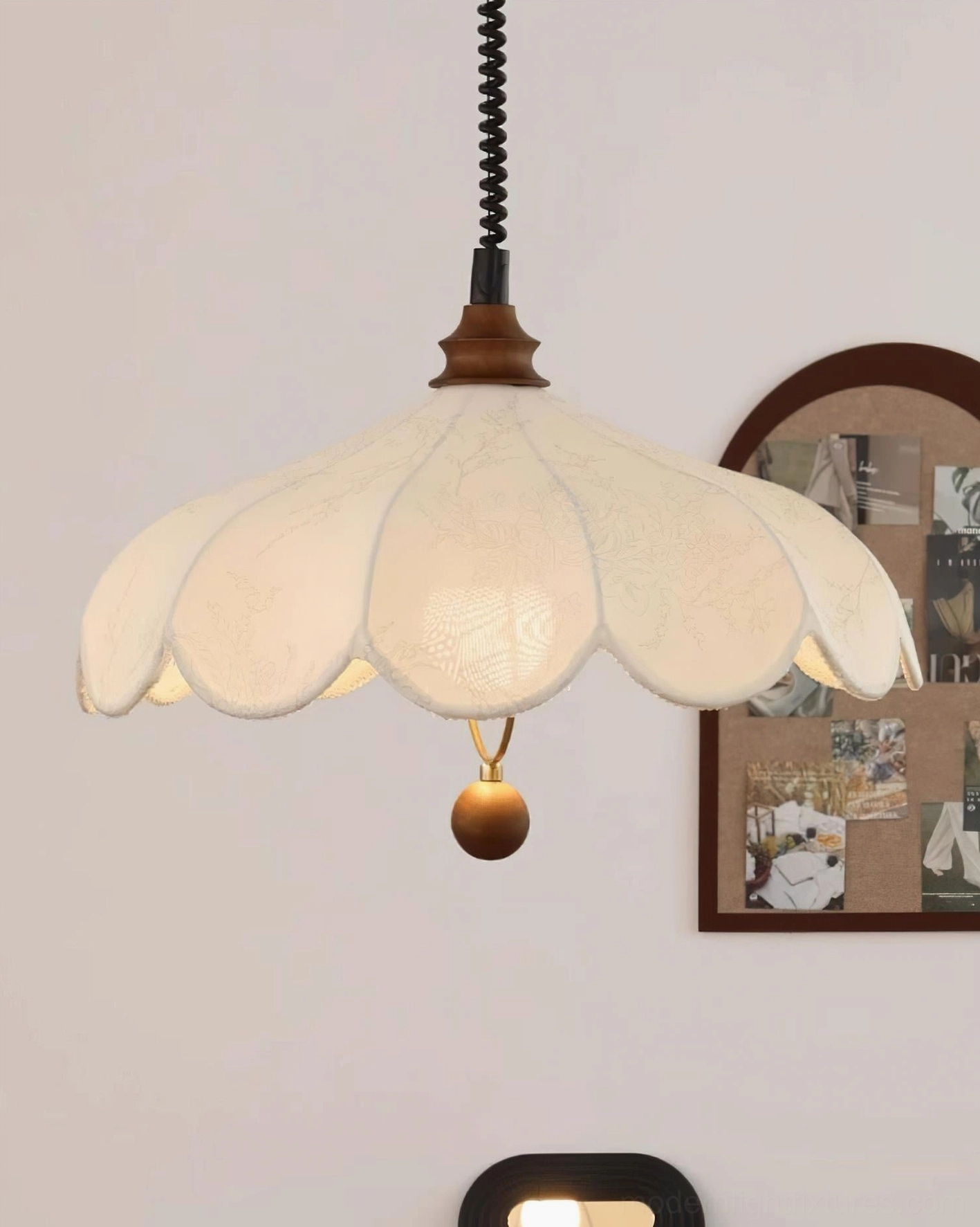 Hanging pendant light in Scandinavian style interior with warm neutral tones
