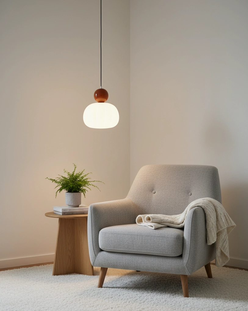 Modern pendant fixture showing G9 socket and adjustable wire - technical installation detail view