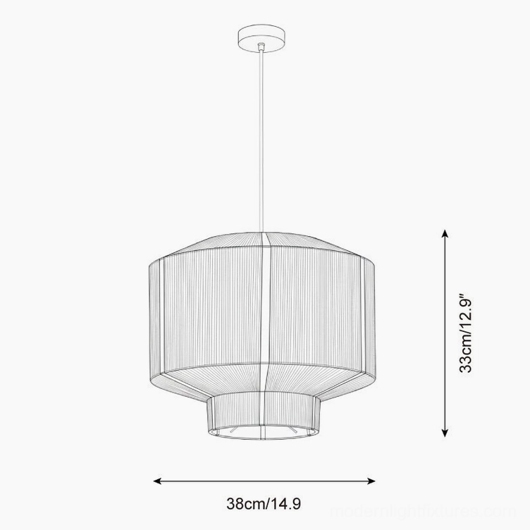 Technical specification diagram showing 38cm diameter and 33cm height measurements of cylindrical woven pendant