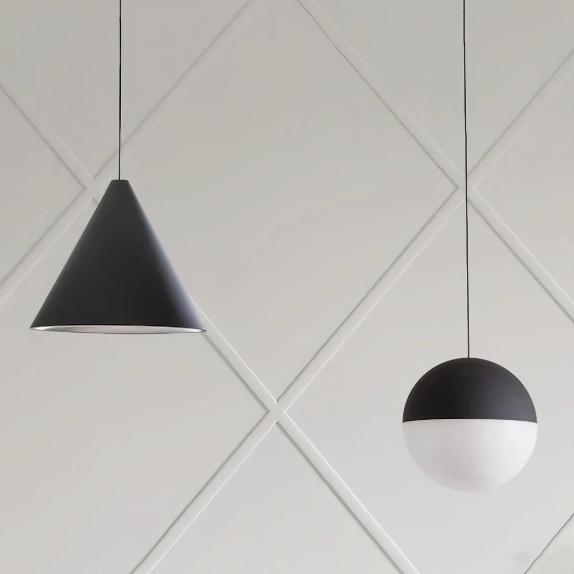 Minimalist pendant light comparison, conical and spherical metal shades displayed together, modern Nordic lighting design