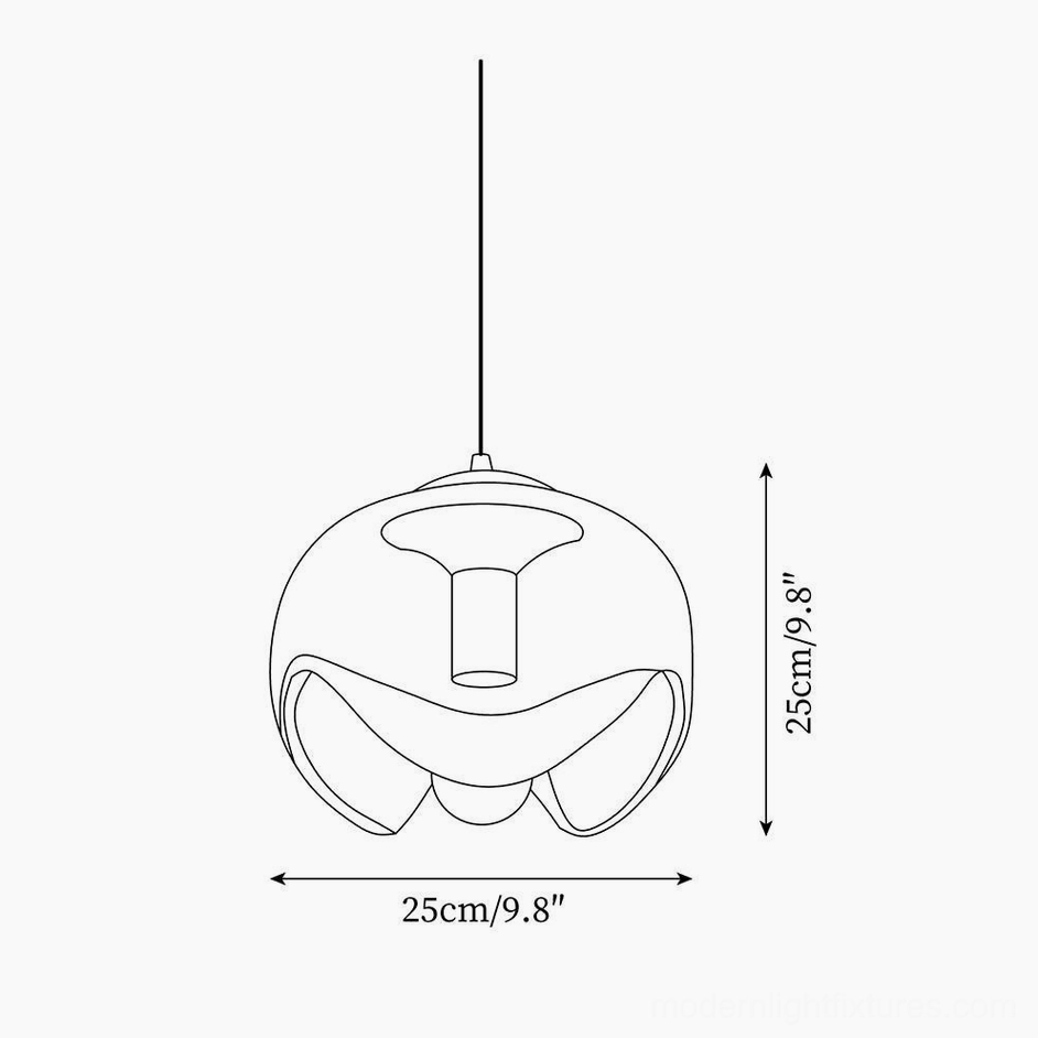 Technical design sketch of modern wave glass pendant light showing orthographic front view with dimension specifications 25cm diameter