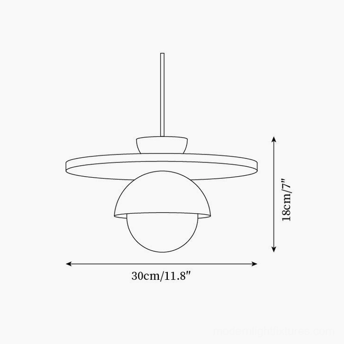 Technical schematic and dimension drawing of modern pendant light showing 30cm width and 18cm height