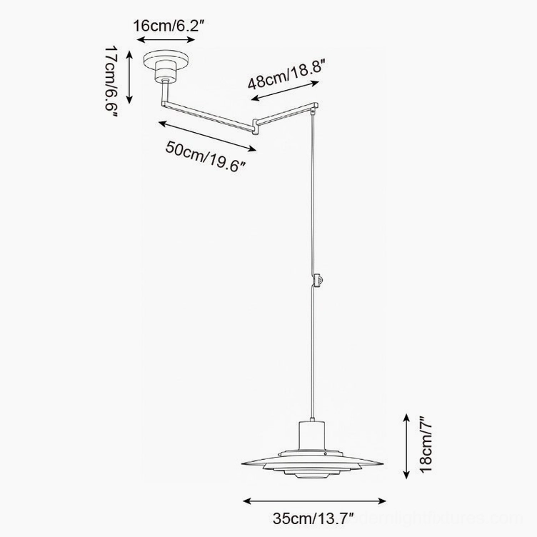 Technical dimension drawing and specifications for compact swing arm pendant light size option, orthographic projection with measurements