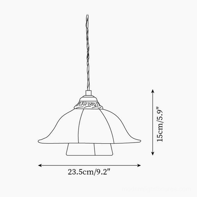 Vintage pendant light technical schematic drawing showing 23.5cm diameter and 15cm height measurements