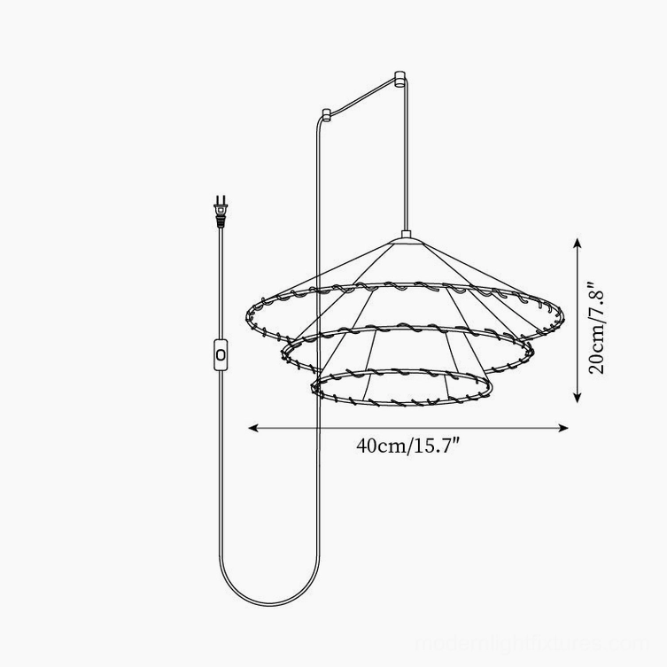Technical schematic drawing showing japandi pendant light dimensions 40cm width and 20cm height specifications