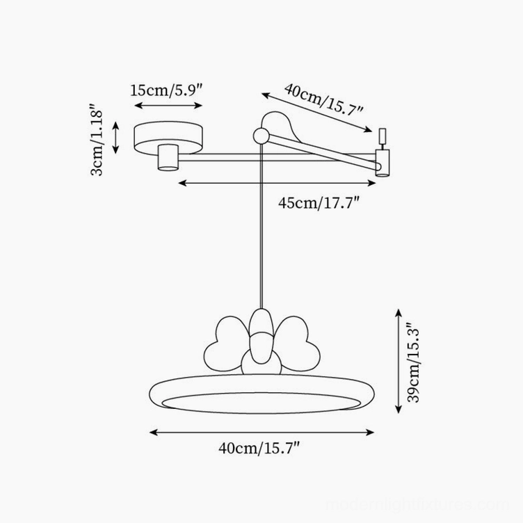 Technical dimension drawing and size specifications for modern swing arm pendant light fixture