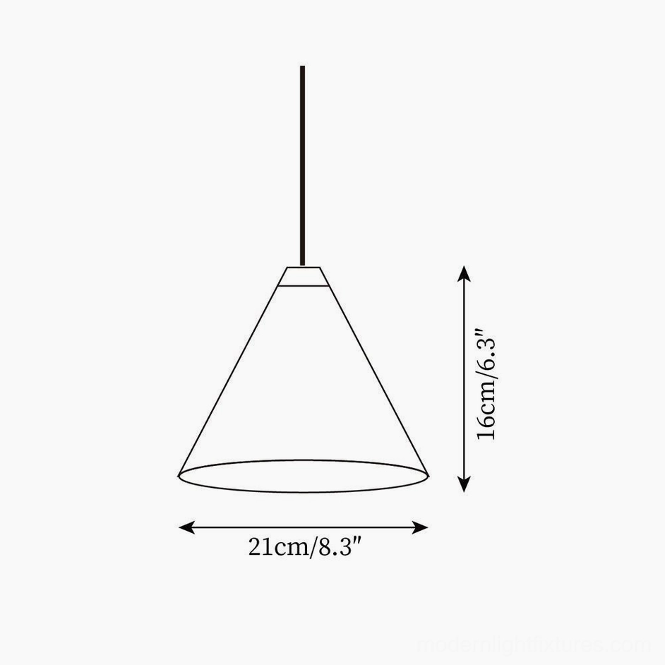 Compact cone pendant light technical drawing specification, diameter 21cm height 16cm, minimalist line art product schematic