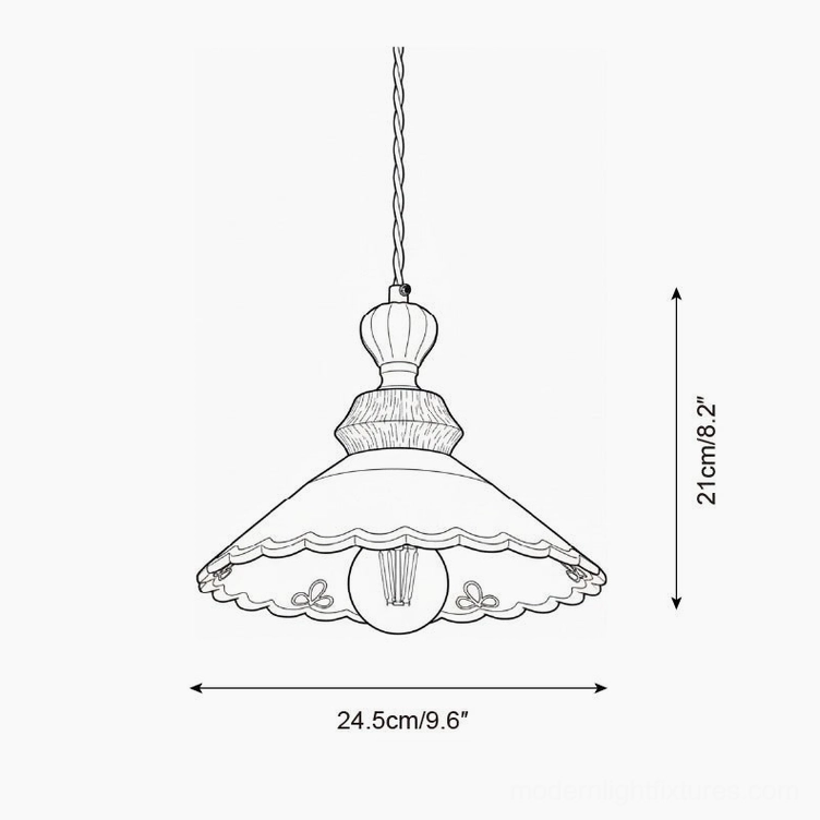 Technical line drawing of ceramic scalloped pendant light Model A, diameter 24.5cm (9.6 inches), height 21cm (8.2 inches)