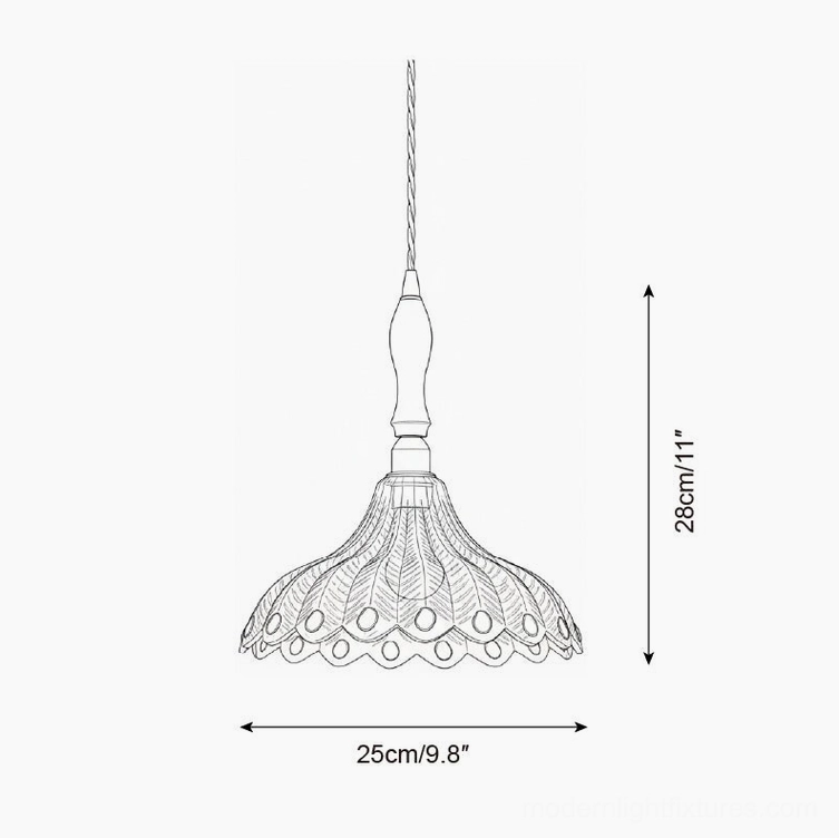 Technical orthographic side view drawing of Azure Jewel pendant light Model A with scalloped peacock feather shade