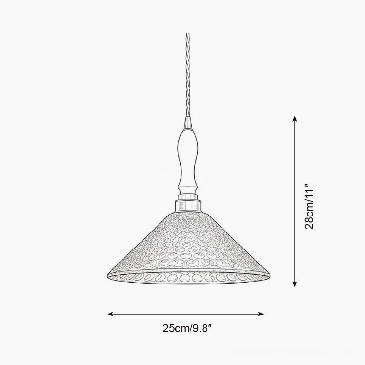 Technical orthographic side view drawing of Azure Jewel pendant light Model B with plain conical embossed shade