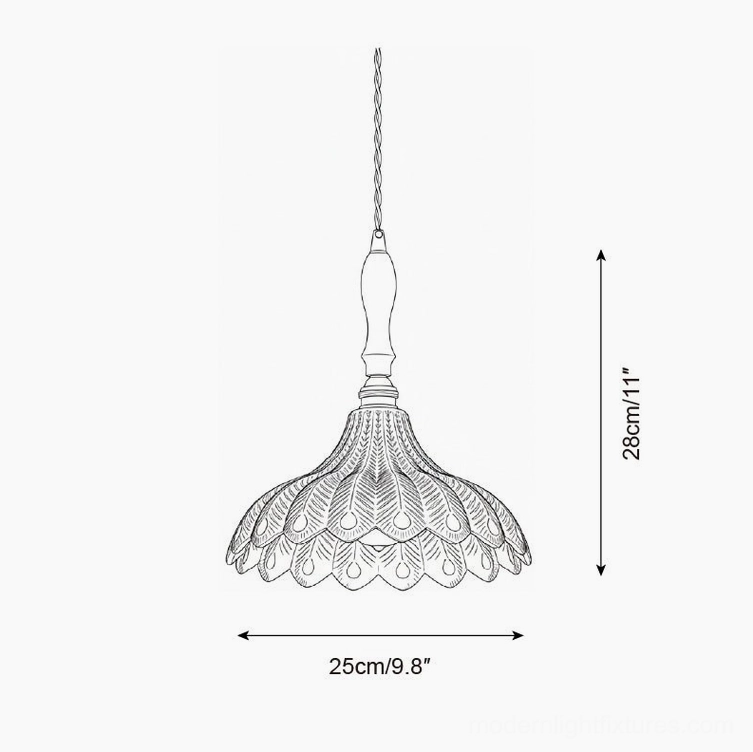 Technical orthographic side view drawing of Azure Jewel pendant light Model C with layered peacock feather shade