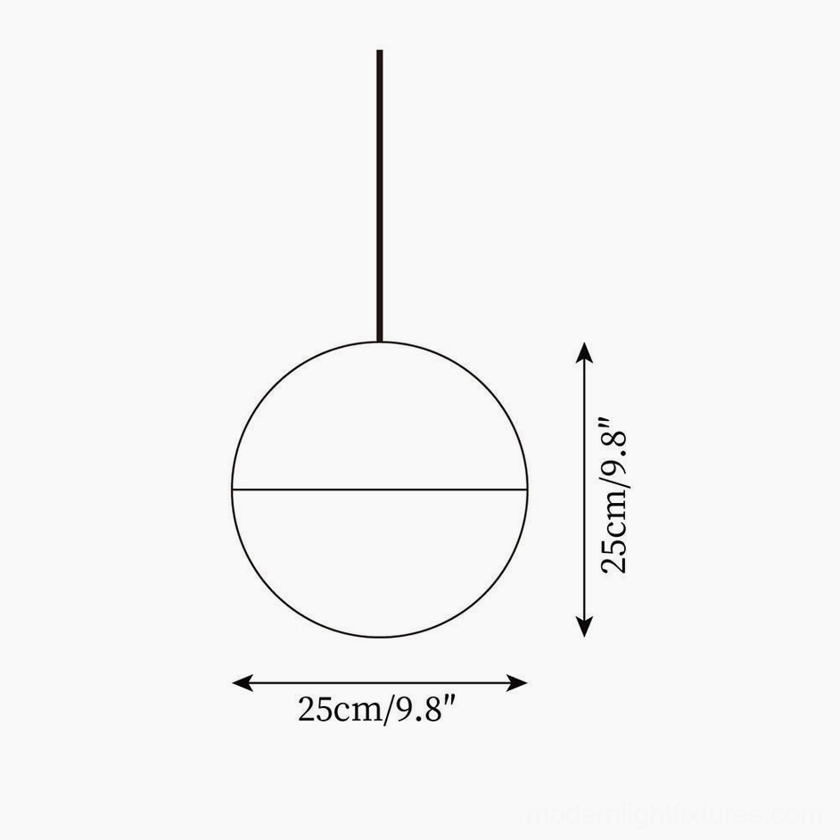 Standard spherical pendant light technical drawing specification, diameter 25cm height 25cm, minimalist line art product schematic