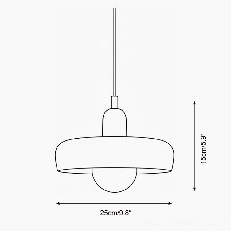 Modern pendant light technical schematic diagram showing donut shape dimensions 25cm diameter by 15cm height, product design specifications